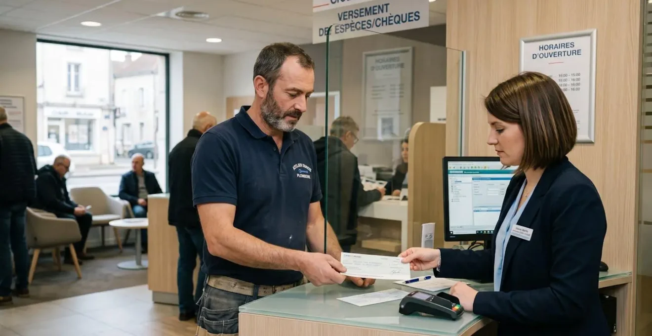 Artisan au guichet d'une agence bancaire française, remettant un chèque et un bordereau de dépôt à une conseillère bancaire