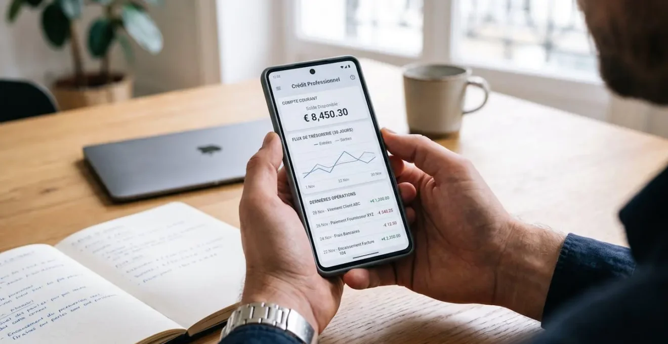 Gros plan sur smartphone affichant une interface d'application bancaire professionnelle en français avec transactions et solde, tenu par un professionnel à son bureau